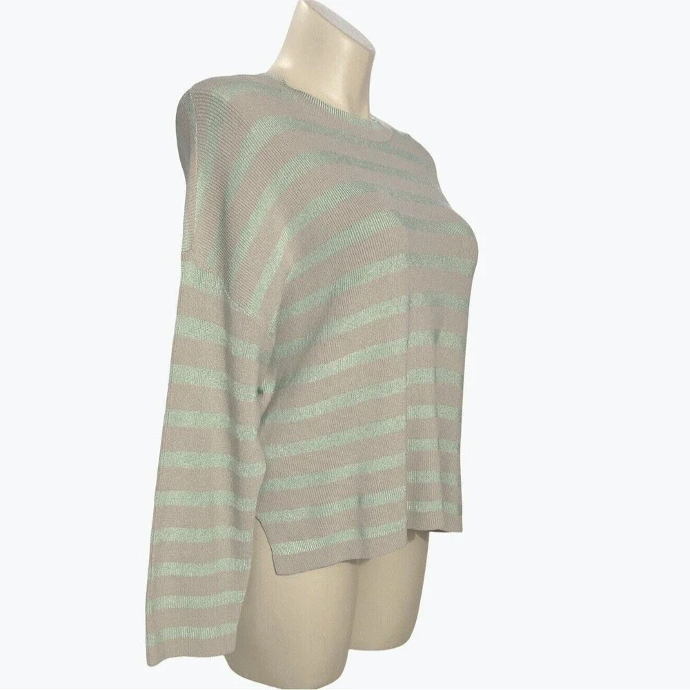 NWT‎ Ann Taylor Sweater XL Mint Green Beige Stripe Long Sl Side Slits Ribbed